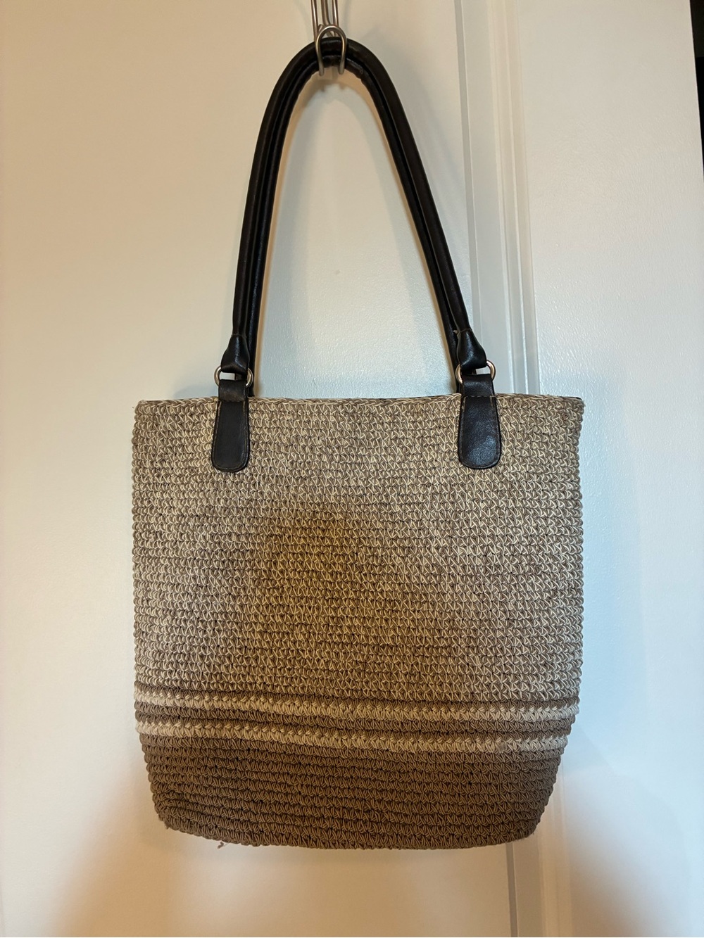 Woven Straw Tote Bag with Black Handles - Neutral Two-Tone - Picture 1 of 2